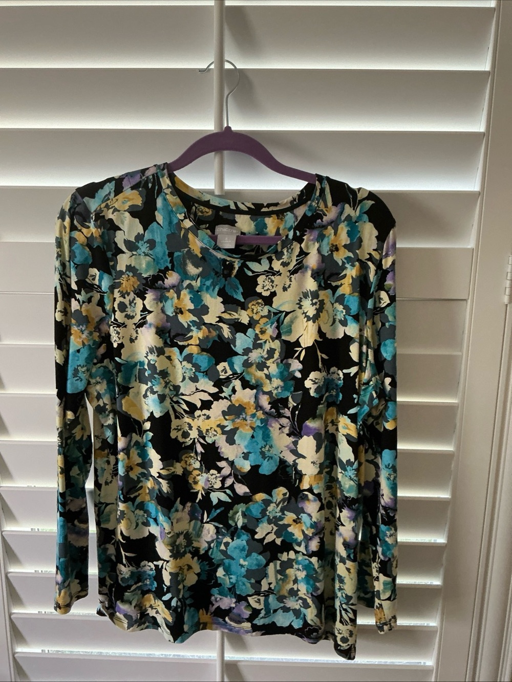 Chico's Black Floral Long-Sleeve Top with Teal, Cream, Yellow and Purple Accents